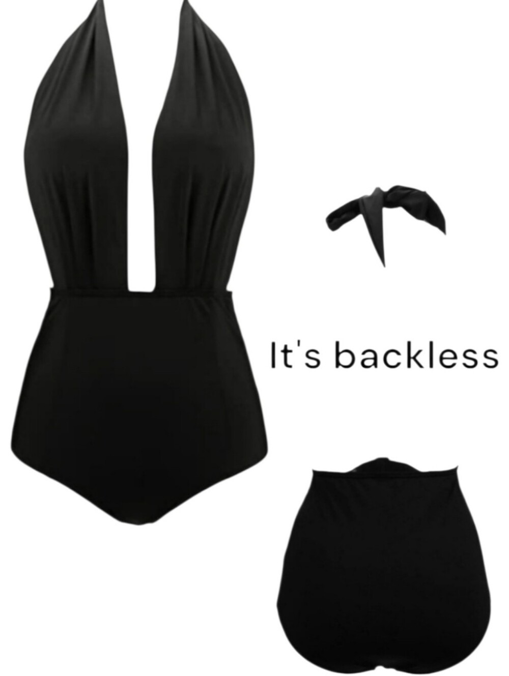 COCOSHIP Women's Retro One Piece Backless black HR Pin Up Plisse Swimsuit 10